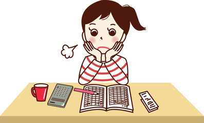 家計簿をつけ、ため息をつく若い女性。
