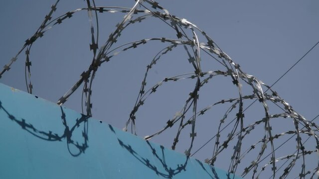 Barbed wire on the background the blue sky. Prison concept, rescue, refugee, lonely