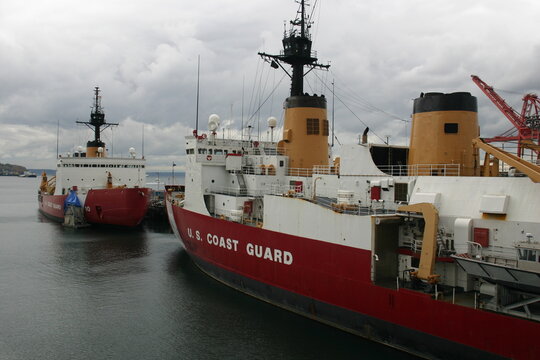 Coast Guard Buoy Tender Ship in Valdez Harbor, Alaska, on a Cloudy Day