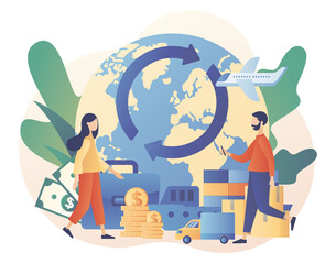 Naklejka premium Import and export concept. Logistics business. Global trade. Tiny people businessman sale goods and services worldwide. Modern flat cartoon style. Vector illustration on white background