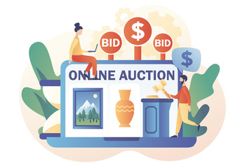 Naklejka premium Online Auction concept. Painting and vase on laptop screen. Tiny people bidder, buyer and auctioneer bidding in public auction. Hammer close deal. Modern flat cartoon style. Vector illustration 