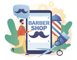 Barbershop - text on smartphone screen. Men salon. Barbers care hair and beard. Haircut, beard trimming and shaving services concept. Modern flat cartoon style. Vector illustration on white background