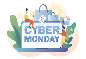 Cyber Monday - text on laptop screen. Tiny people shopping online. Big sale promotion. Special offer price. Advertising discounts. Modern flat cartoon style. Vector illustration on white background