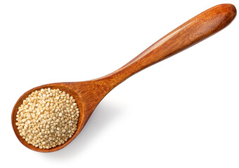 uncooked white quinoa in the wooden spoon, isolated on white background, top view