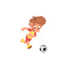 Cartoon boy soccer player playing with a ball.