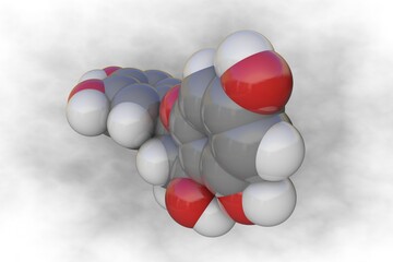 Space-filling molecular model of leucocianidol. Atoms are represented as spheres with conventional color coding: carbon (grey), oxygen (red), hydrogen (white). 3d illustration