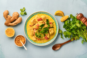 Chicken tikka masala. Traditional of indian cuisine curry and ingredients on dark background. Curry, lime, ginger, cilantro, chili, rice, herbs and spices. Top view with copy space.