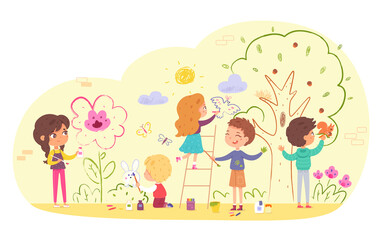 Children painting wall in kindergarten. Kids doing creative art with brushes vector illustration. Boys and girls drawing tree, clouds, sun, flowers, animals, bird with paint