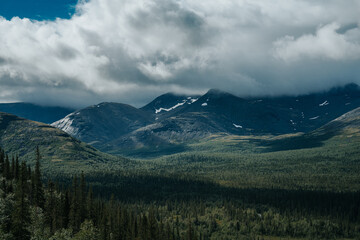 Obraz premium Foggy mountain peaks on the background of the tundra plants and forest. Mountain landscape in Kola Peninsula, Arctic