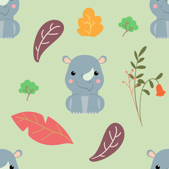 Seamless safari pattern with cute rhino animals and leaves.