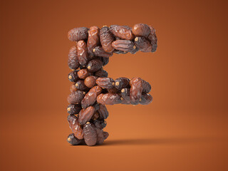 Letter F shaped date palm fruits, 3d illustration, suitable for fasting, ramadan, islam and iftar themes and typography usage.