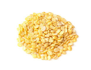 pile of raw moong dal beans closeup on white