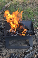 Coals are burning in the grill. Preparing for a picnic. Brazier with burning coals in a forest glade.