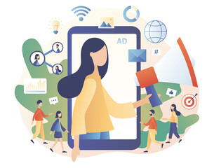 Obraz premium Tiny woman with big megaphone in smartphone screen. Advertising agency concept. Service advertisement, Digital marketing, SMM, Outdoor advertising. Modern flat cartoon style. Vector illustration