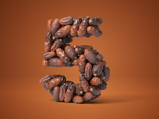 number 5 shaped date palm fruits, 3d illustration, suitable for fasting, ramadan, islam and iftar themes and typography usage.