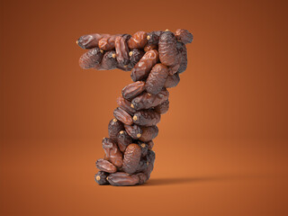 number 7 shaped date palm fruits, 3d illustration, suitable for fasting, ramadan, islam and iftar themes and typography usage.