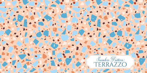 Terrazzo broken tile floor texture seamless pattern, vector abstract background with chaotic mosaic pieces, composed of natural stone, marble, glass and concrete imitations.