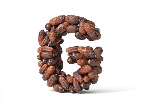 Letter G shaped date palm fruits, 3d illustration, suitable for fasting, ramadan, islam and iftar themes and typography usage.