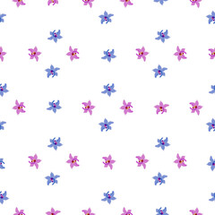 Abstract geometric style isolated seamless pattern with blue and pink orchid flowers print. White background.
