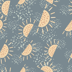 Random organic seamless pattern with orange fruit lobules print. Navy blue pale background with splashes.