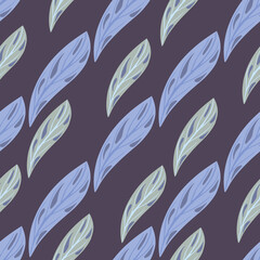 Doodle seamless pattern with blue and green colored leaves ornament. Purple dark background.