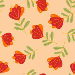 Red random cute flowers shapes seamless pattern in abstract style. Pastel beige background.