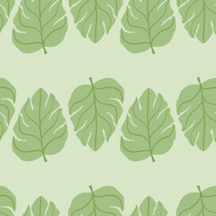 Green monstera leaves seamless pattern in minimalistic style. Palm foliage print with grey background.