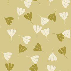 Random seamless pattern with hand drawn cosmos flowers elements. Green pale background. Doodle style.