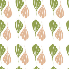 Isolated doodle seamless pattern with pink and green flowers silhouettes ornament. White background.