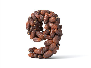 number 9 shaped date palm fruits, 3d illustration, suitable for fasting, ramadan, islam and iftar themes and typography usage.