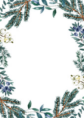 Christmas card with watercolor winter greenery, fir, spruce branches, blue leaves on white background. Rectangle frame for design. Botanical holiday border, invitation template.