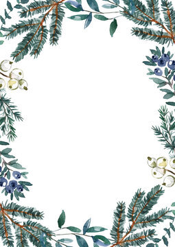 Christmas card with watercolor winter greenery, fir, spruce branches, blue leaves on white background. Rectangle frame for design. Botanical holiday border, invitation template.