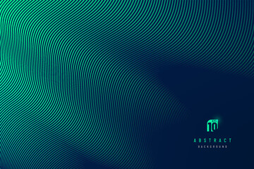Abstract dark blue mesh gradient with glowing green curve lines pattern textured background. Modern and minimal template with copy space. Vector illustration - obrazy, fototapety, plakaty