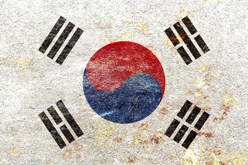 Faded South Korea national flag banner pattern isolated on rusty mottled iron wall background, abstract design grunge Korean old glory concept texture wallpaper for decoration