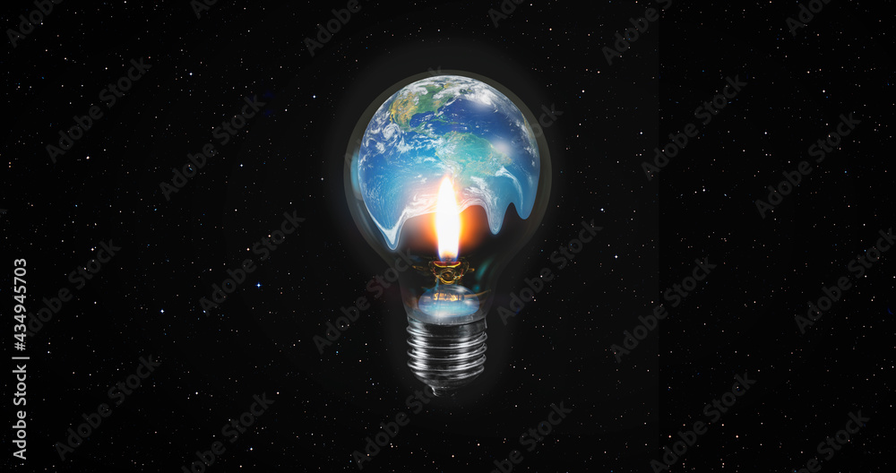 Aufkleber global warming concept - our planet earth in a light bulb and the candle flame that warms it 