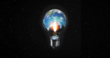 Global Warming Concept - Our planet Earth in a light bulb and the candle flame that warms it "Elements of this image furnished by NASA "