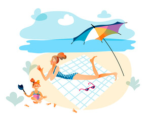Mother and child at beach picnic, eating ice cream. Mom and daughter pastime at summer sea vacation. Vector character illustration of family activity recreation, parenthood, childhood.