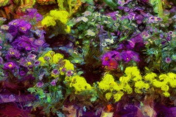 Agricultural flea market and flower shop Illustrations creates an impressionist style of painting.