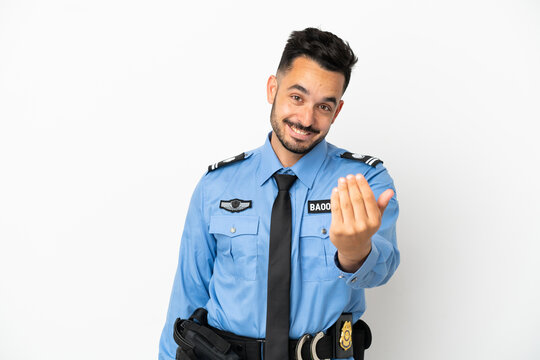 Police caucasian man isolated on white background inviting to come with hand. Happy that you came