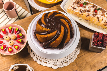 Beautiful Chocolate Cake CLose Up on a table perfect catering High Res