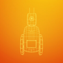 Robot Promoter LCD Screen on two wheels. Ad promo bot. Wireframe low poly mesh vector illustration