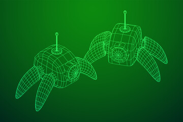 Spider robot with radar antenna. Nanobot, nanotechnology medical concept. Wireframe low poly mesh vector illustration