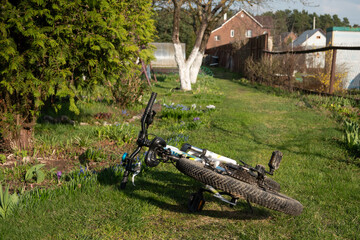 Bicycle wheel on green grass, Bicycle repair