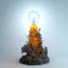 light bulb flying with smoke and flames