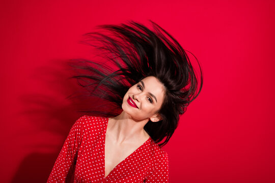 Photo of chic brunette lady dance wave head wear red dress isolated on vivid color background