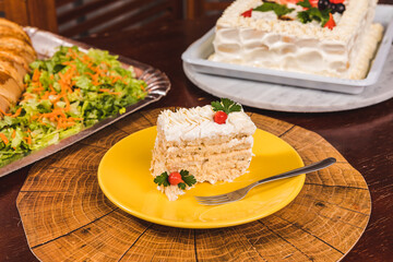 Beautiful White Cake Slice witha Fork on a yellow plate