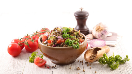 lentils salad with tomato,  avocado and onion