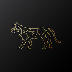 Vector geometric Lioness emblem. Golden Polygonal Lioness illustration on dark background.