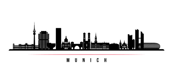 Naklejka premium Munich skyline horizontal banner. Black and white silhouette of Munich, Germany. Vector template for your design.