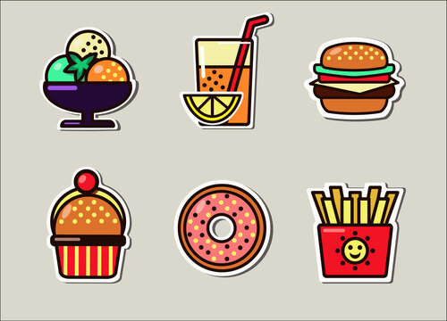 A set of images for a fast food cafe. Appetizing food. The icons can be used as packaging labels for shipping, badge making, and garment decoration.
